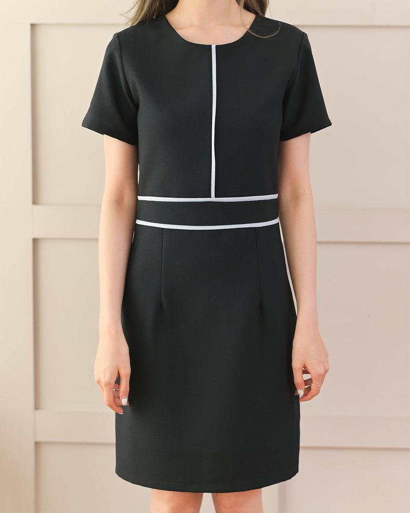 Linlin Dress 圓領線紋短袖修身連身裙- Black 黑色 (CB567)