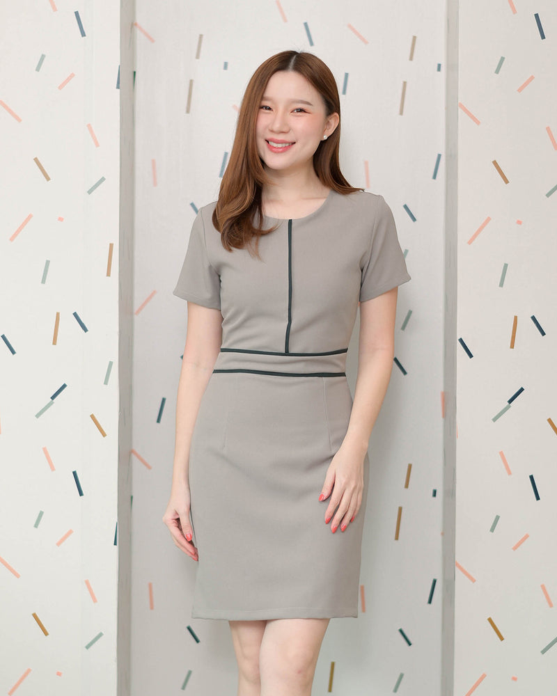 Linlin Dress 圓領線紋短袖修身連身裙- Matcha 淺軍綠色 (CB567)
