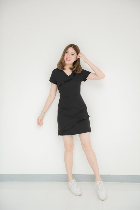 Yogurt Dress波浪紋短袖V領連身裙 - Black 黑色 (CB562)