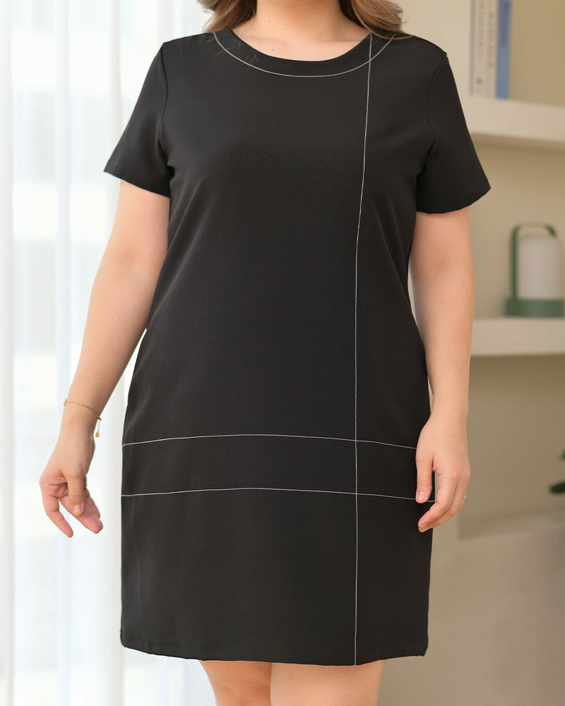 Cross Line Dress 短袖圓領間線設計西裝連身裙 - Black 黑色 (CB534 oversize)