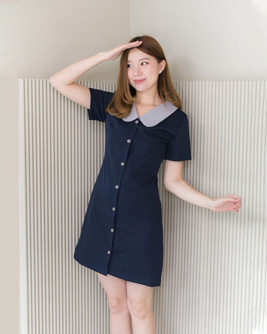 <2025 清貨價 - 原價HK$359>Shizuka Dress 可愛圓領拼色A字連身裙 -Navy 深藍色 (CB576)