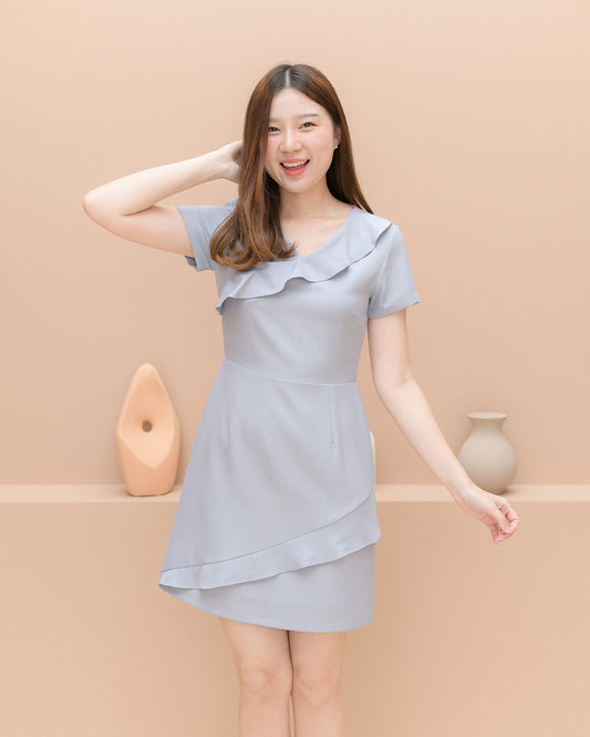Yogurt Dress波浪紋短袖V領連身裙 - Blue Grey 藍灰色 (CB562)