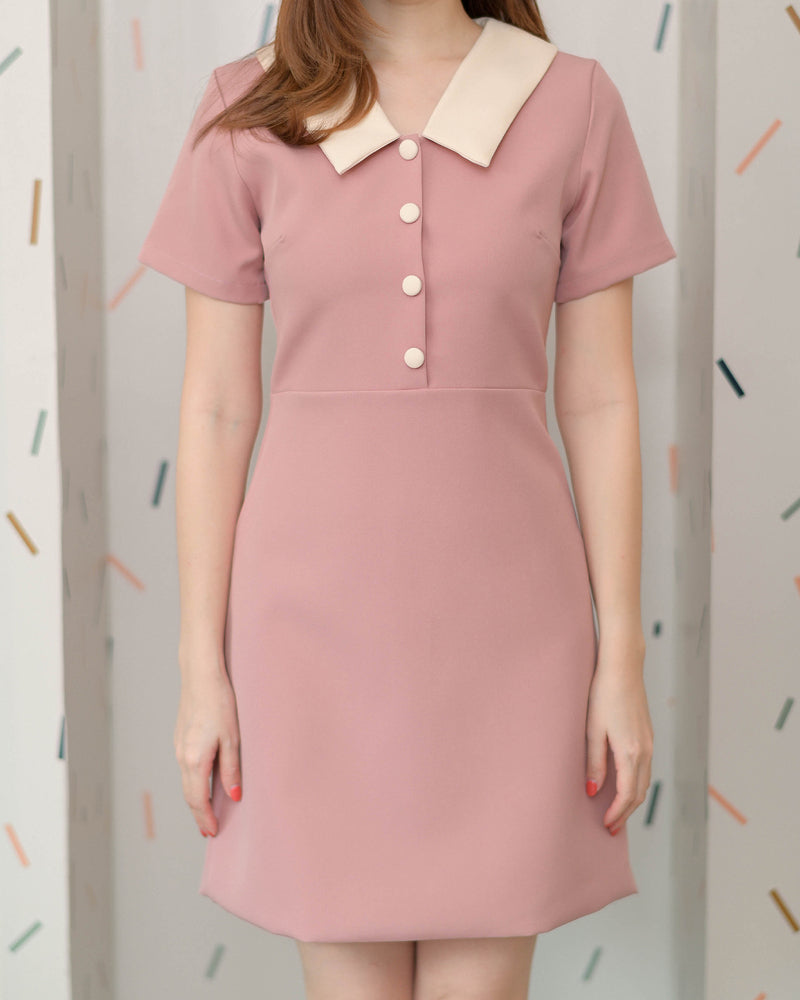 Twotone Button Dress雙色調鈕扣直身連衣裙- Pink Rose 玫瑰粉紅色 (CB558)