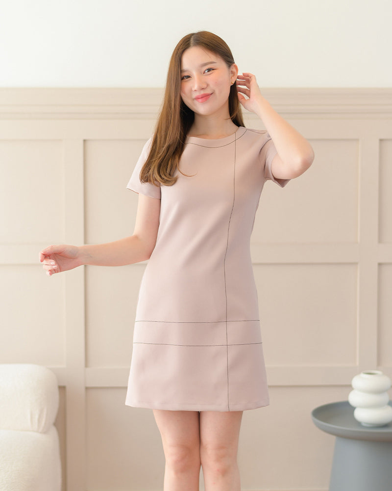 Cross Line Dress 短袖圓領間線設計西裝連身裙 - Light Pink 淺粉紅色 (CB534)