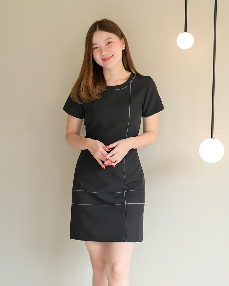Cross Line Dress 短袖圓領間線設計西裝連身裙 - Black 黑色 (CB534)