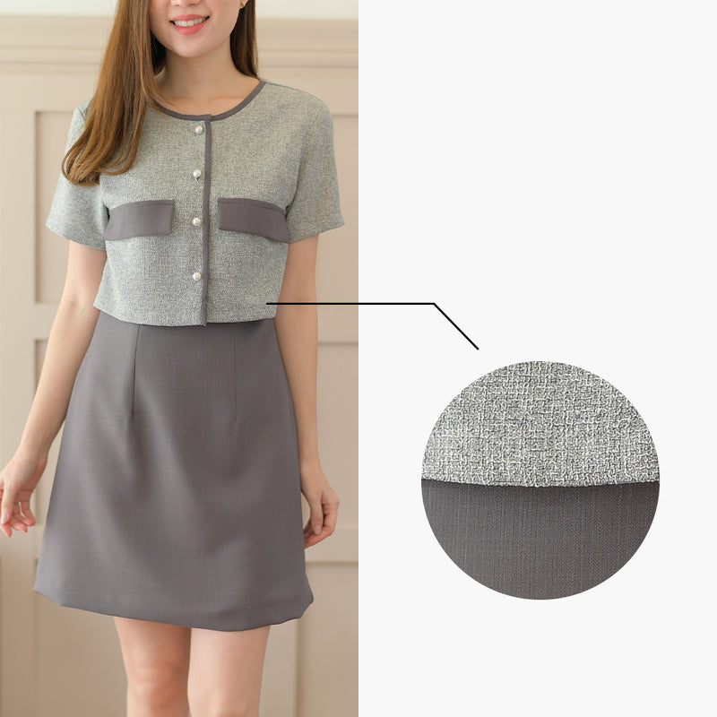 Zuzee Dress 小香風仿兩件外套A字連身裙 - Dark Gray 深灰色 (CB539)