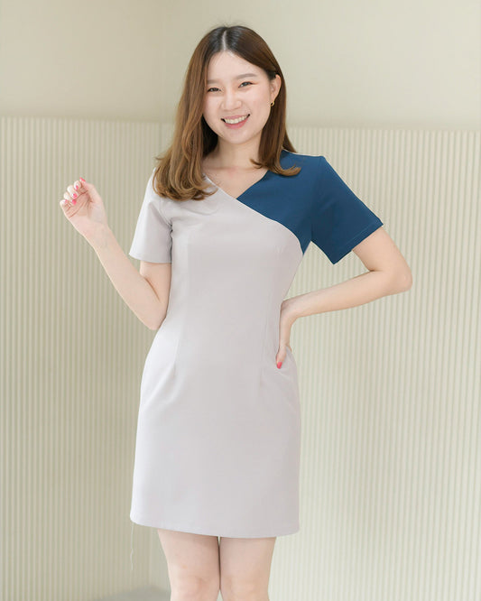 Sand Dress 兩色短袖拼接修腰連身裙 - Gray Blue 灰藍色 (CB537)