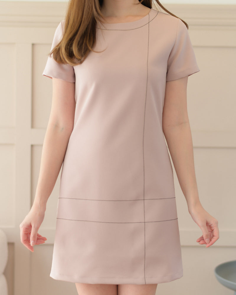Cross Line Dress 短袖圓領間線設計西裝連身裙 - Light Pink 淺粉紅色 (CB534)