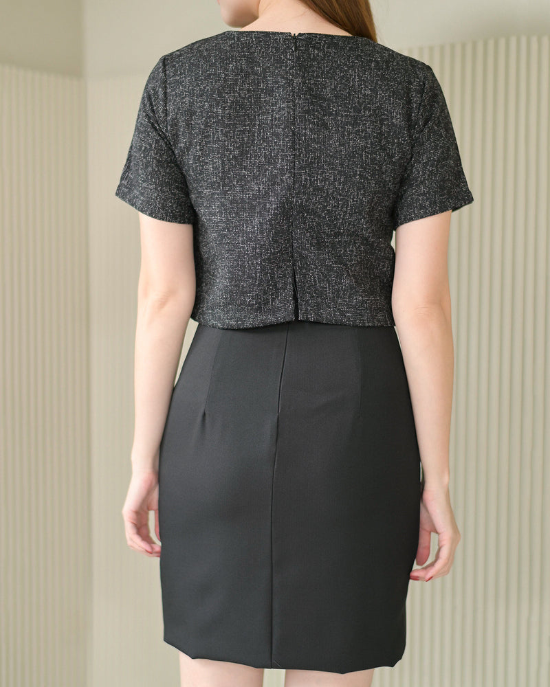 Stephanie dress (chanel) 小香風編織仿兩件V領設計連身裙 - Black 黑色 (CB540)