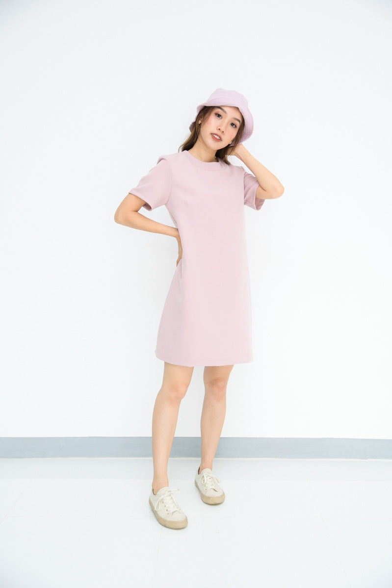 Neo Dress 純色短袖圓領設計休閑連身裙 - Light Pink 淺粉紅色 (CB554)
